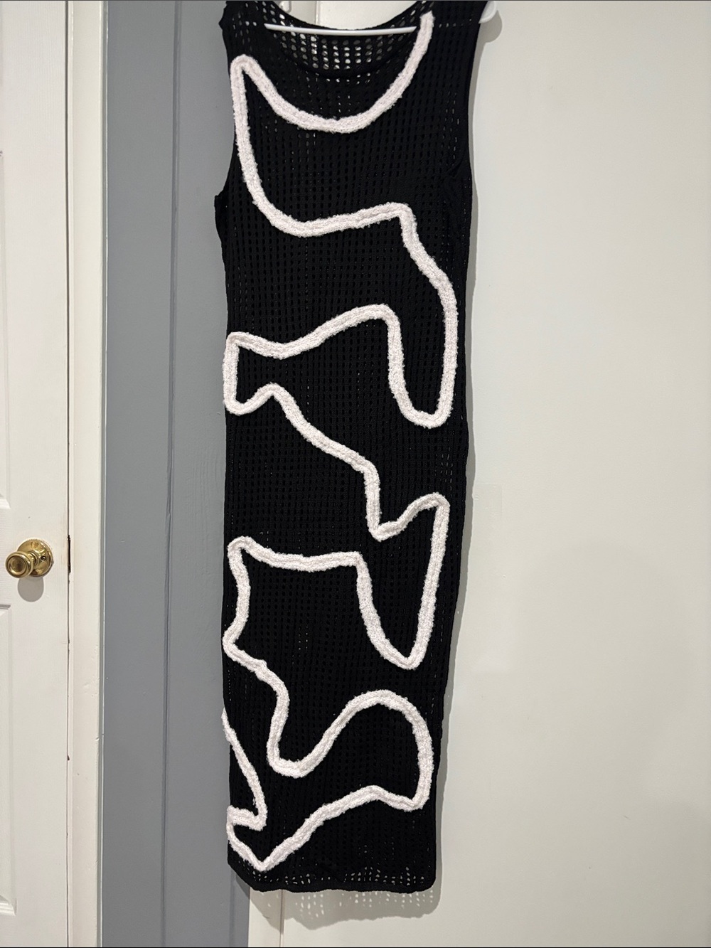 Black Crochet Midi knit dress with White Trim